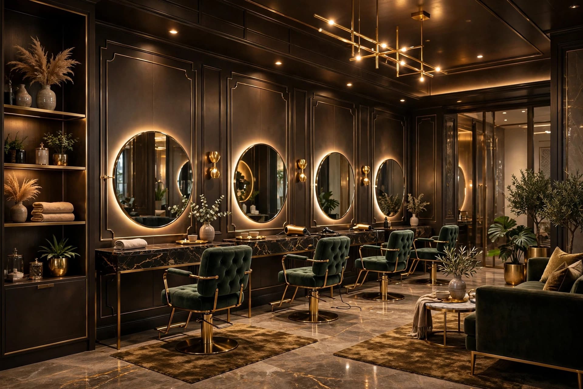 Luxe Locks Studio interior — elegant salon in dark bronze and gold tones